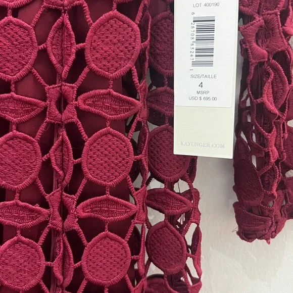 Kay Unger Deep Red Lace 3/4 length Sleeve long Dress